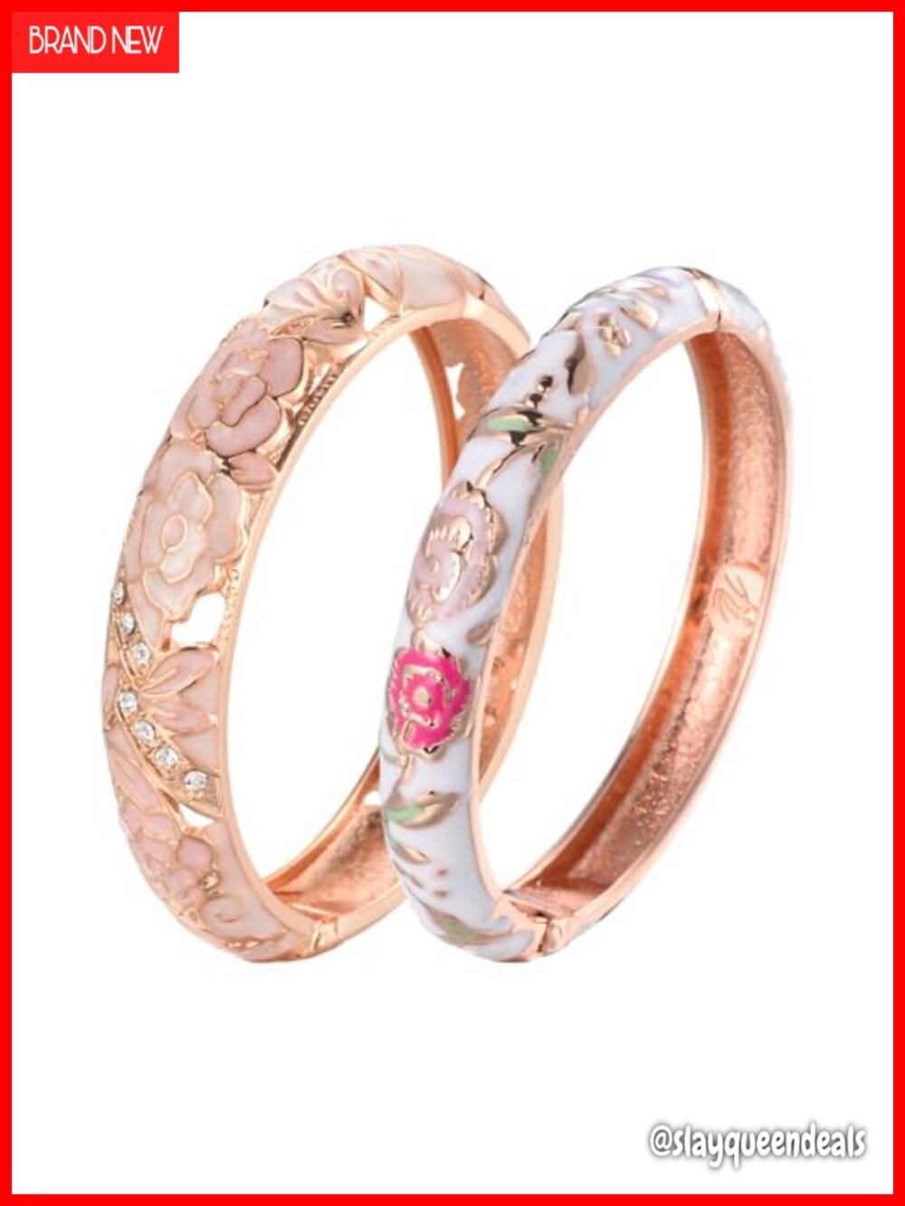 Cloisonne Enameled Cuff Bracelet Set Rhinestone Rose Hinged Bangles Gift